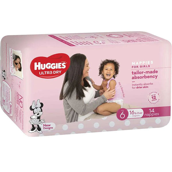HUGGIES U/DRY NAPPIES GIRL 16+ KG (4X14)